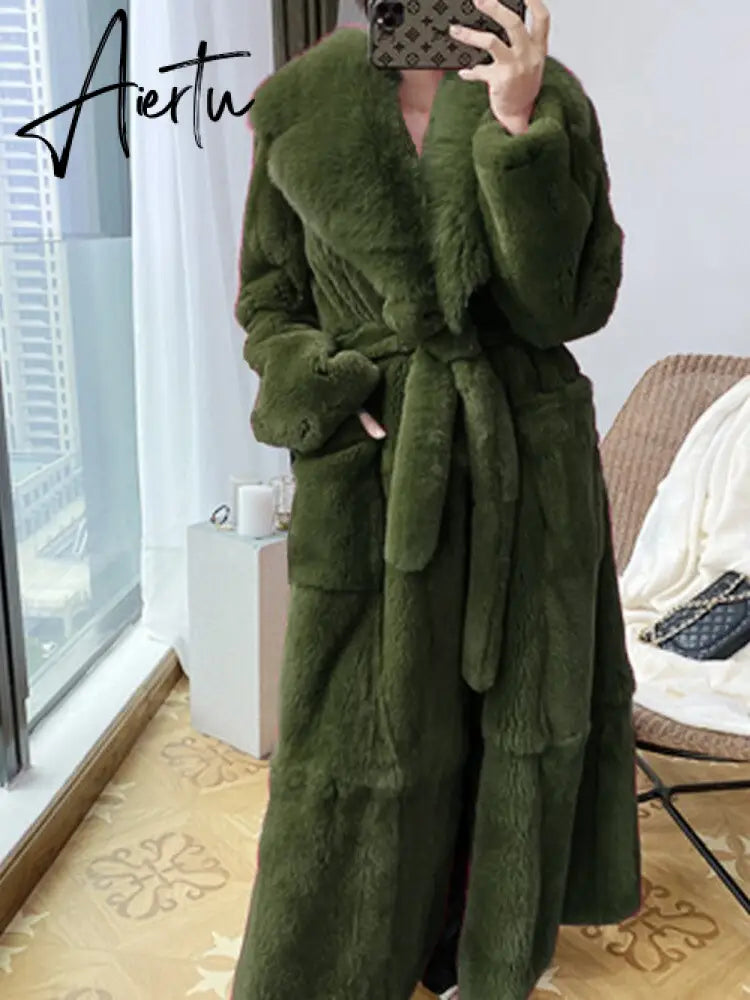 New Imitation Fur Coats Women's Winter Mid-length Lace-up Jackets Fashion Big Size Long Sleeve Thicken Black Overcoat Aiertu
