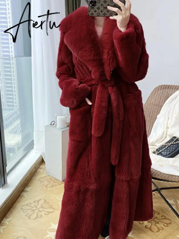 New Imitation Fur Coats Women's Winter Mid-length Lace-up Jackets Fashion Big Size Long Sleeve Thicken Black Overcoat Aiertu