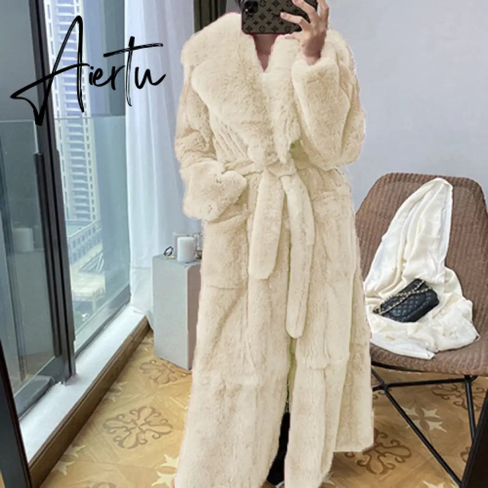 New Imitation Fur Coats Women's Winter Mid-length Lace-up Jackets Fashion Big Size Long Sleeve Thicken Black Overcoat Aiertu