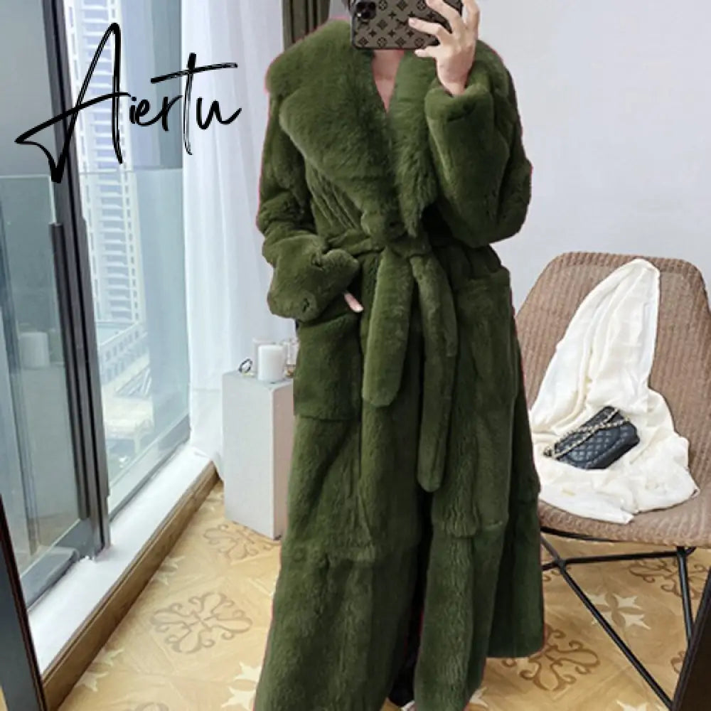 New Imitation Fur Coats Women's Winter Mid-length Lace-up Jackets Fashion Big Size Long Sleeve Thicken Black Overcoat Aiertu