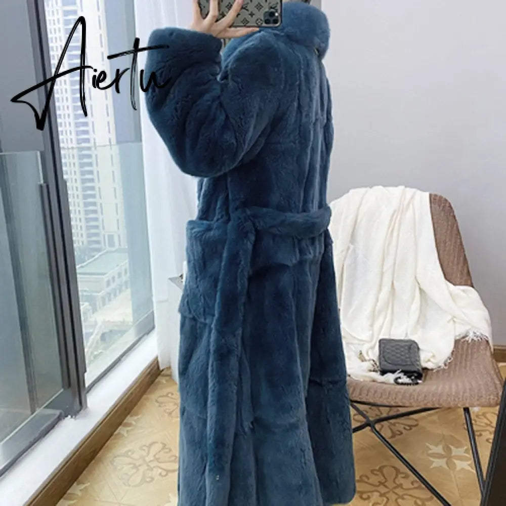 New Imitation Fur Coats Women's Winter Mid-length Lace-up Jackets Fashion Big Size Long Sleeve Thicken Black Overcoat Aiertu