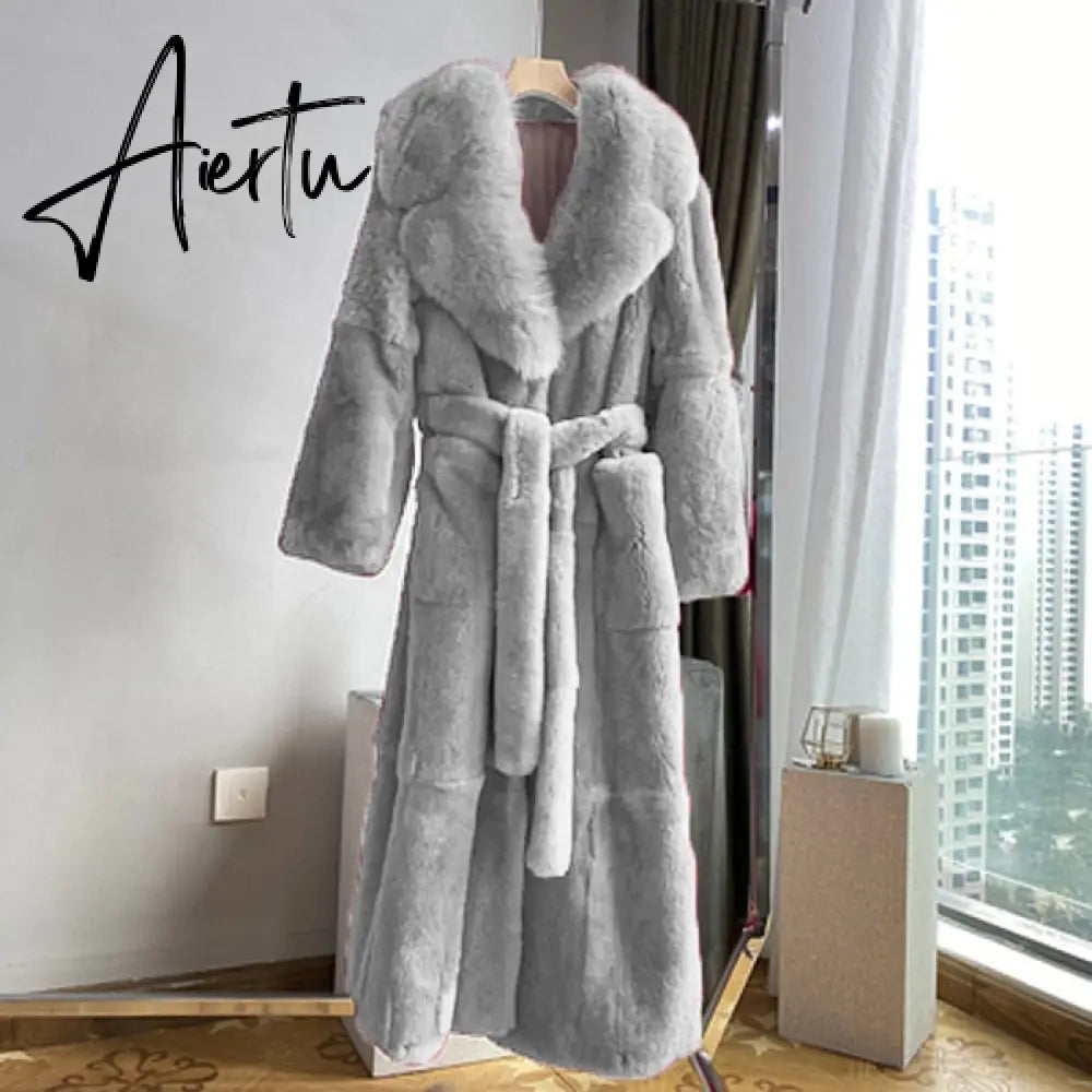 New Imitation Fur Coats Women's Winter Mid-length Lace-up Jackets Fashion Big Size Long Sleeve Thicken Black Overcoat Aiertu