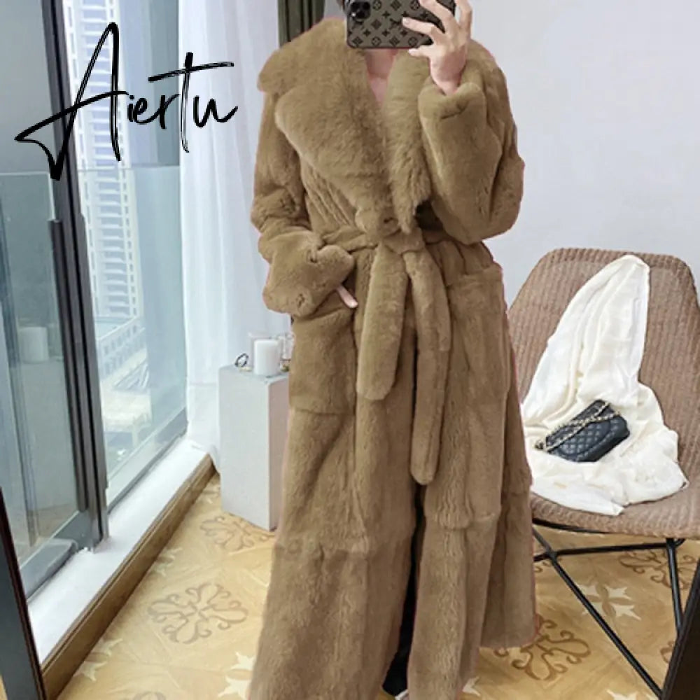 New Imitation Fur Coats Women's Winter Mid-length Lace-up Jackets Fashion Big Size Long Sleeve Thicken Black Overcoat Aiertu
