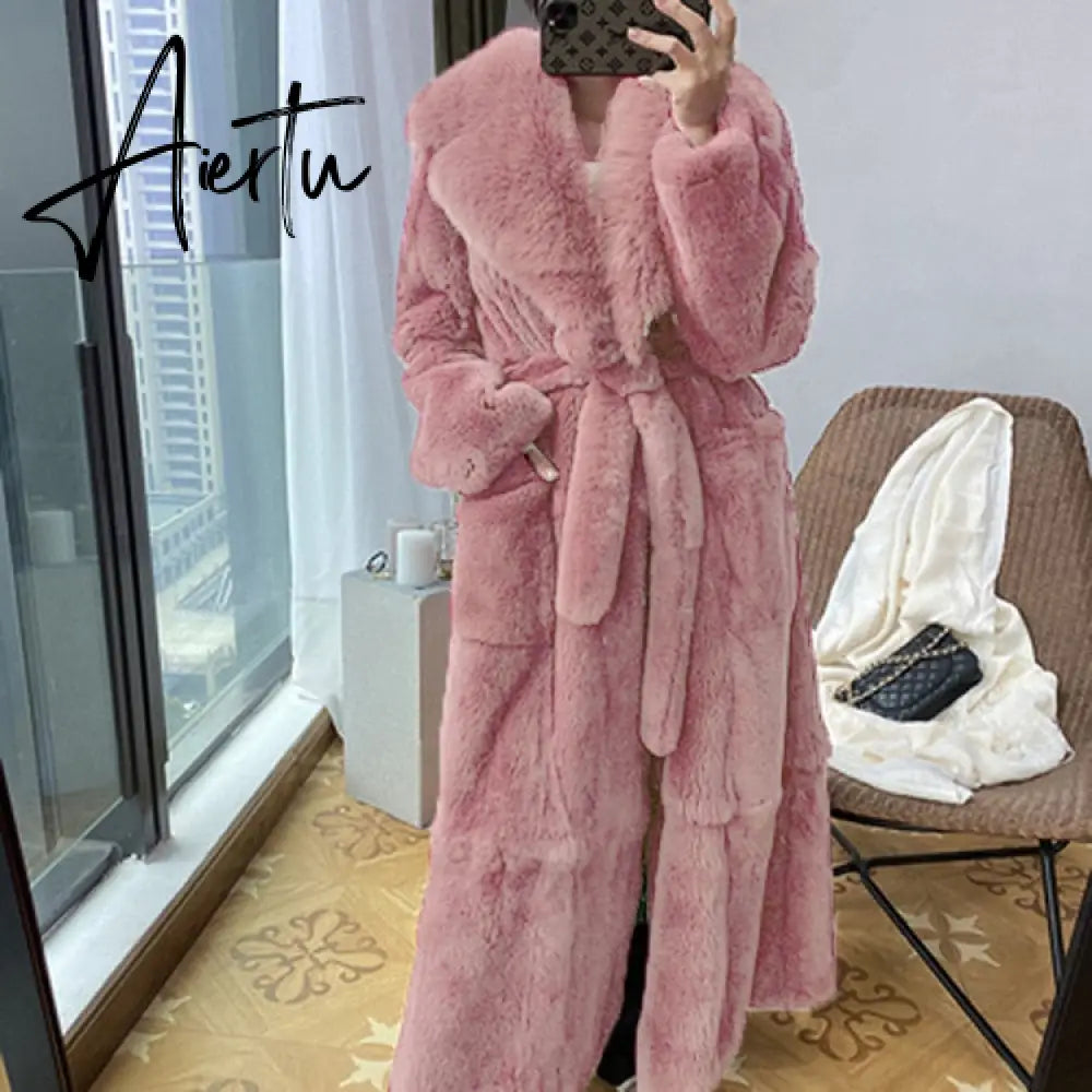 New Imitation Fur Coats Women's Winter Mid-length Lace-up Jackets Fashion Big Size Long Sleeve Thicken Black Overcoat Aiertu
