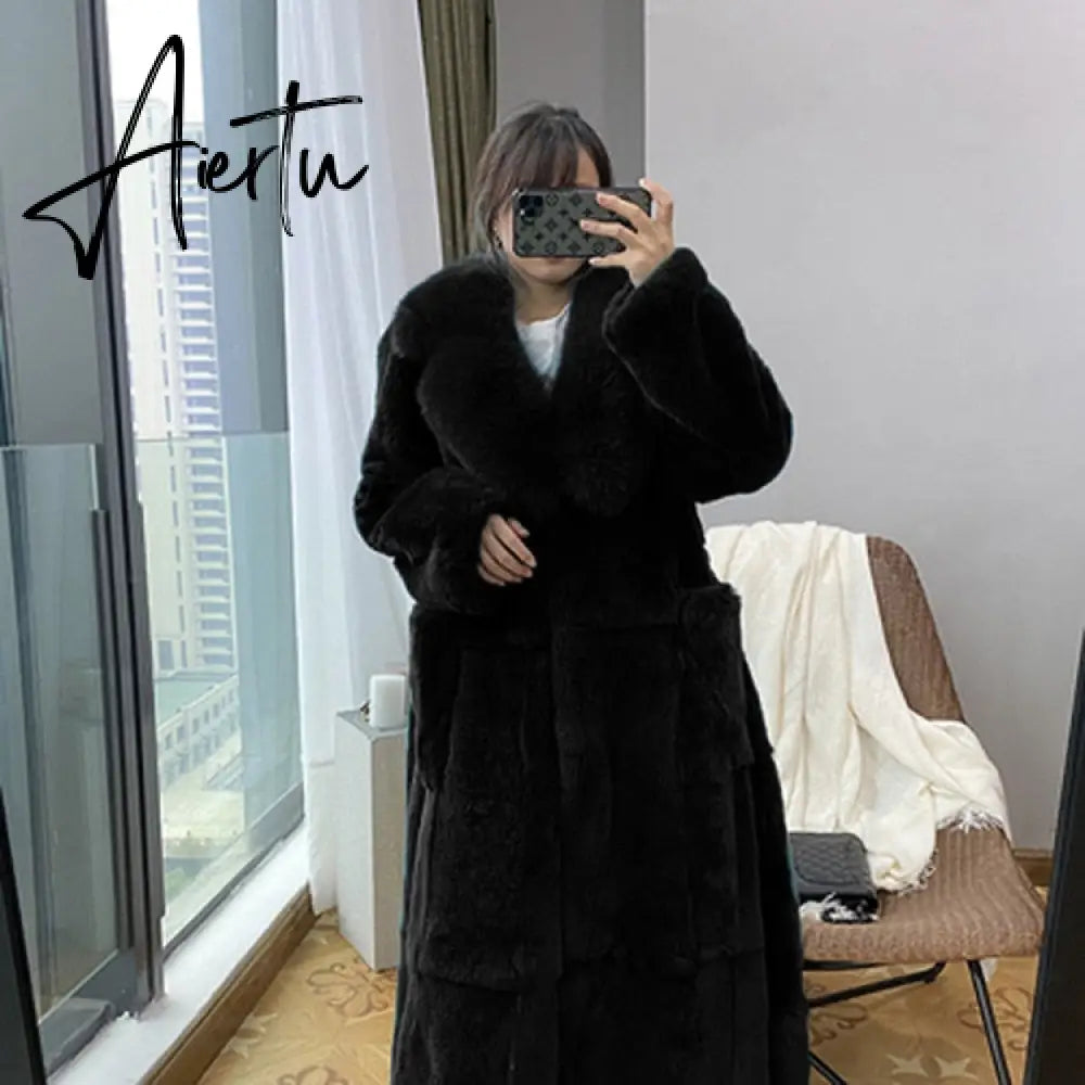 New Imitation Fur Coats Women's Winter Mid-length Lace-up Jackets Fashion Big Size Long Sleeve Thicken Black Overcoat Aiertu