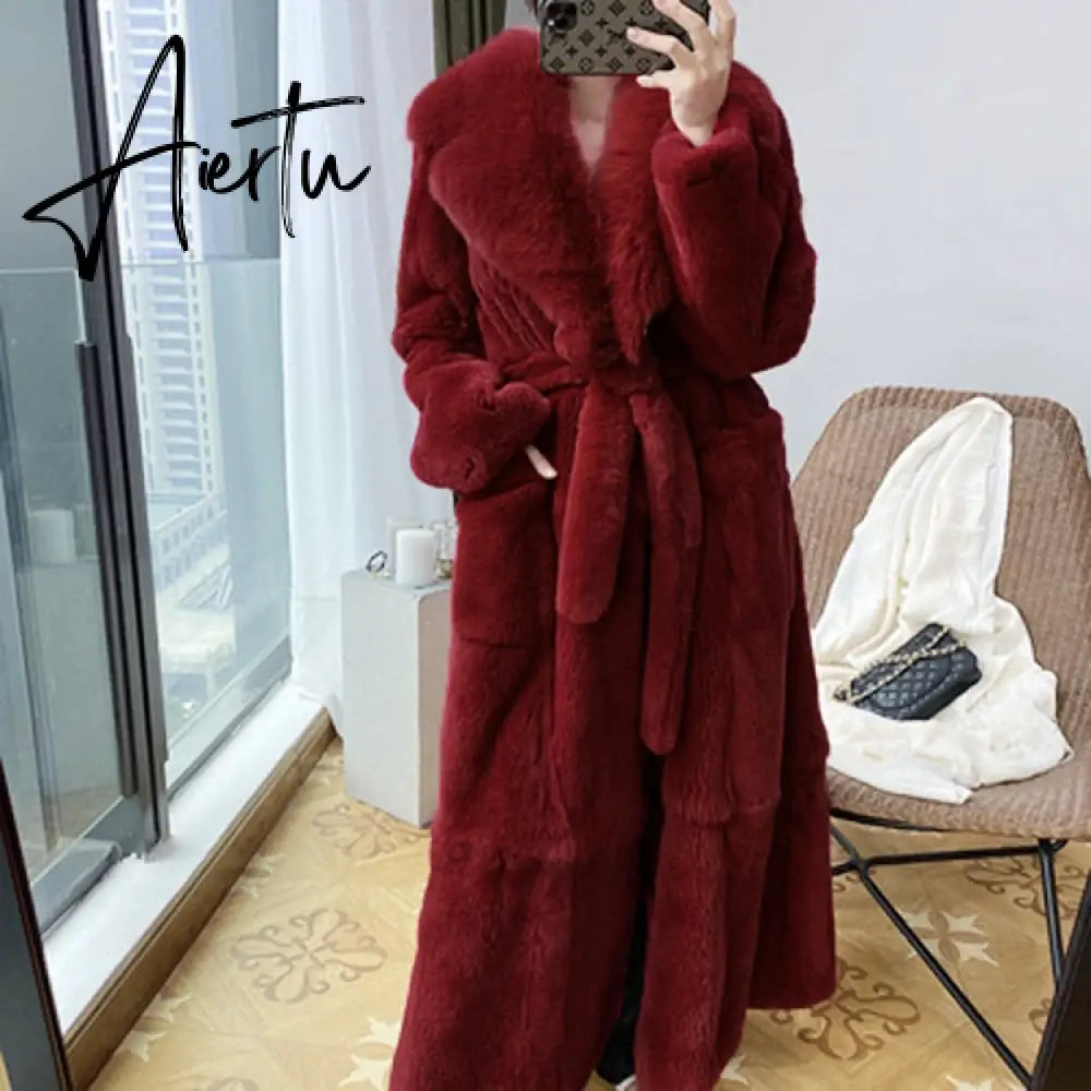 New Imitation Fur Coats Women's Winter Mid-length Lace-up Jackets Fashion Big Size Long Sleeve Thicken Black Overcoat Aiertu
