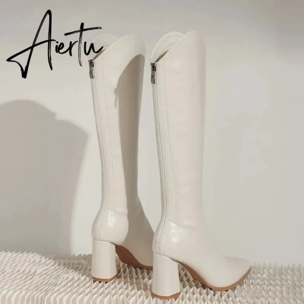 New Knee High Mid Heels Fashion Chelsea Boots Women Shoes Winter High Boots Chunky Goth Knight Boots Mujer Zapatos Aiertu