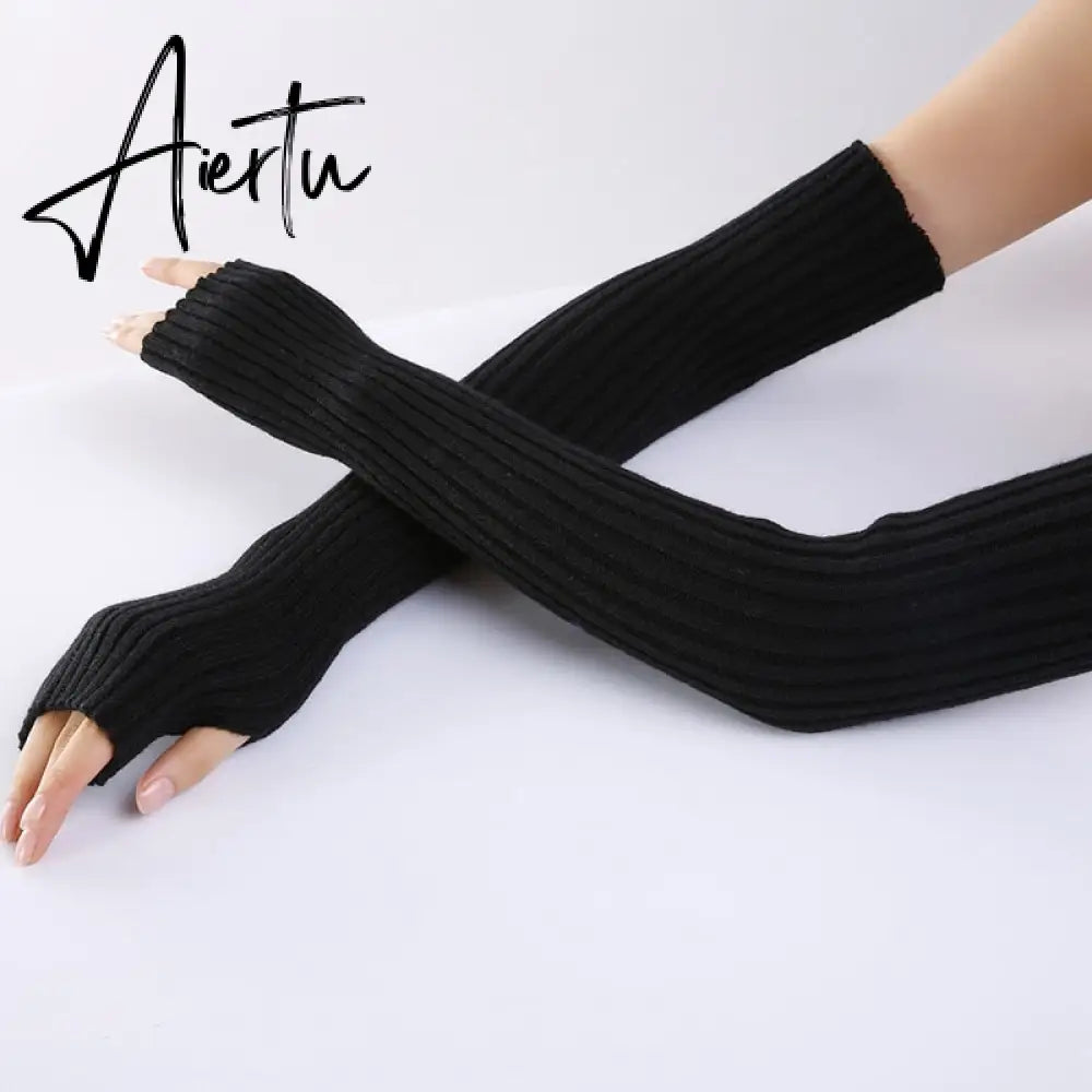 New Long Fingerless Gloves Womens Winter Warmer Knitted Arm Sleeve Fine Casual Soft Girl Goth Clothes Women Punk Gothic Gloves Aiertu