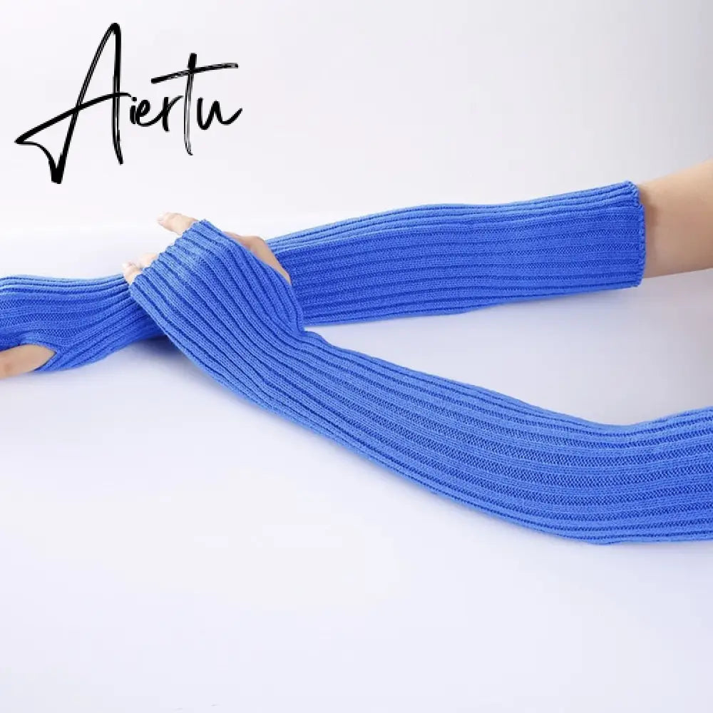New Long Fingerless Gloves Womens Winter Warmer Knitted Arm Sleeve Fine Casual Soft Girl Goth Clothes Women Punk Gothic Gloves Aiertu