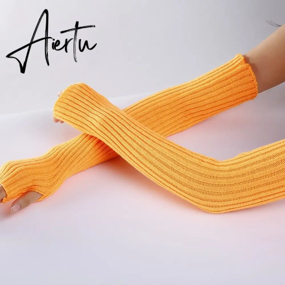 New Long Fingerless Gloves Womens Winter Warmer Knitted Arm Sleeve Fine Casual Soft Girl Goth Clothes Women Punk Gothic Gloves Aiertu