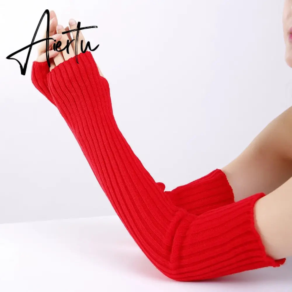 New Long Fingerless Gloves Womens Winter Warmer Knitted Arm Sleeve Fine Casual Soft Girl Goth Clothes Women Punk Gothic Gloves Aiertu