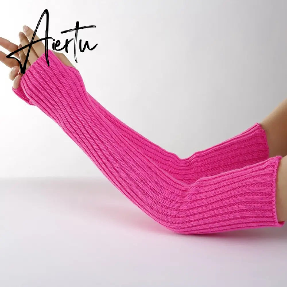 New Long Fingerless Gloves Womens Winter Warmer Knitted Arm Sleeve Fine Casual Soft Girl Goth Clothes Women Punk Gothic Gloves Aiertu