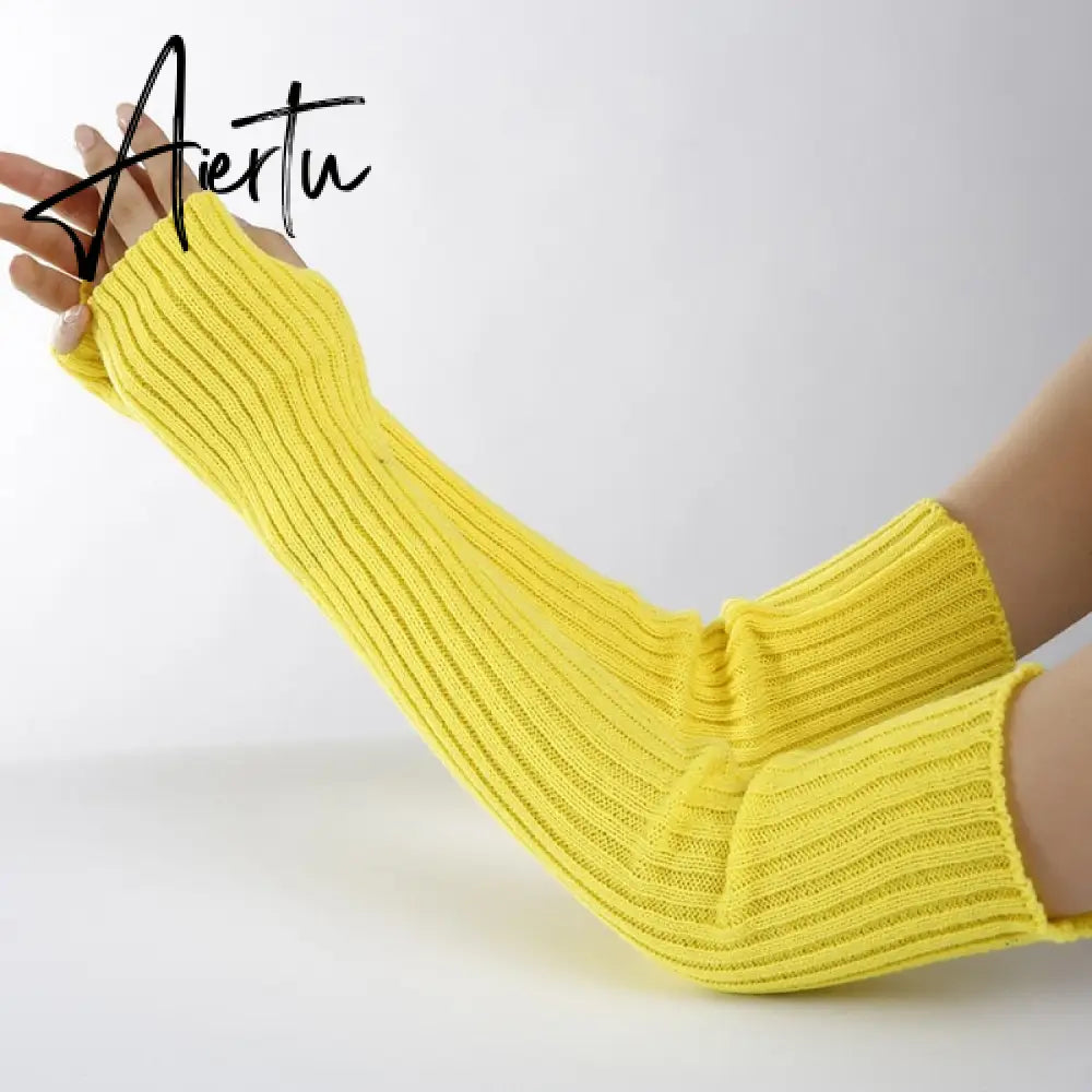 New Long Fingerless Gloves Womens Winter Warmer Knitted Arm Sleeve Fine Casual Soft Girl Goth Clothes Women Punk Gothic Gloves Aiertu