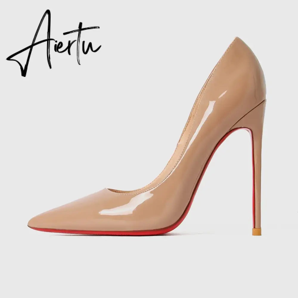 New Luxury Brand Pumps Women Shoes Red Shiny Bottom Pointed Toe Black High Heel Shoes Thin Heel 12cm Sexy Wedding Shoes 44 Aiertu