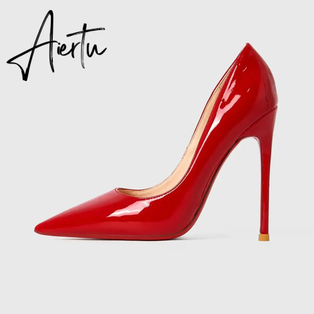 New Luxury Brand Pumps Women Shoes Red Shiny Bottom Pointed Toe Black High Heel Shoes Thin Heel 12cm Sexy Wedding Shoes 44 Aiertu