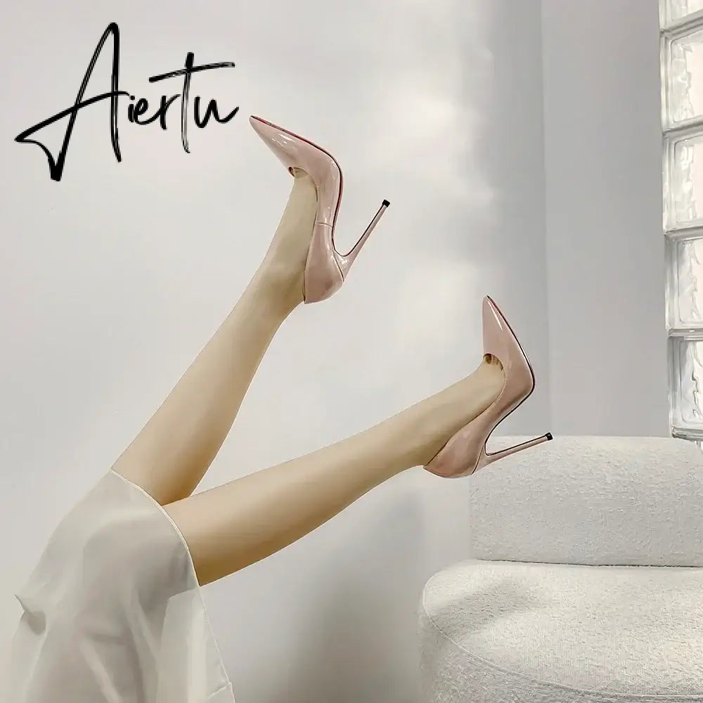 New Luxury Brand Pumps Women Shoes Red Shiny Bottom Pointed Toe Black High Heel Shoes Thin Heel 12cm Sexy Wedding Shoes 44 Aiertu