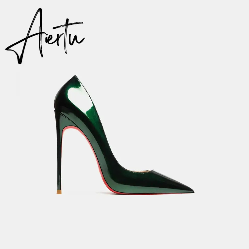 New Luxury Brand Pumps Women Shoes Red Shiny Bottom Pointed Toe Black High Heel Shoes Thin Heel 12cm Sexy Wedding Shoes 44 Aiertu