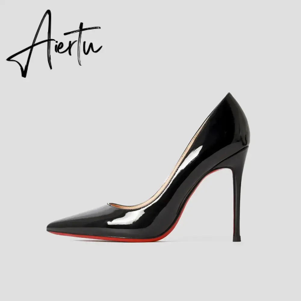 New Luxury Brand Pumps Women Shoes Red Shiny Bottom Pointed Toe Black High Heel Shoes Thin Heel 12cm Sexy Wedding Shoes 44 Aiertu