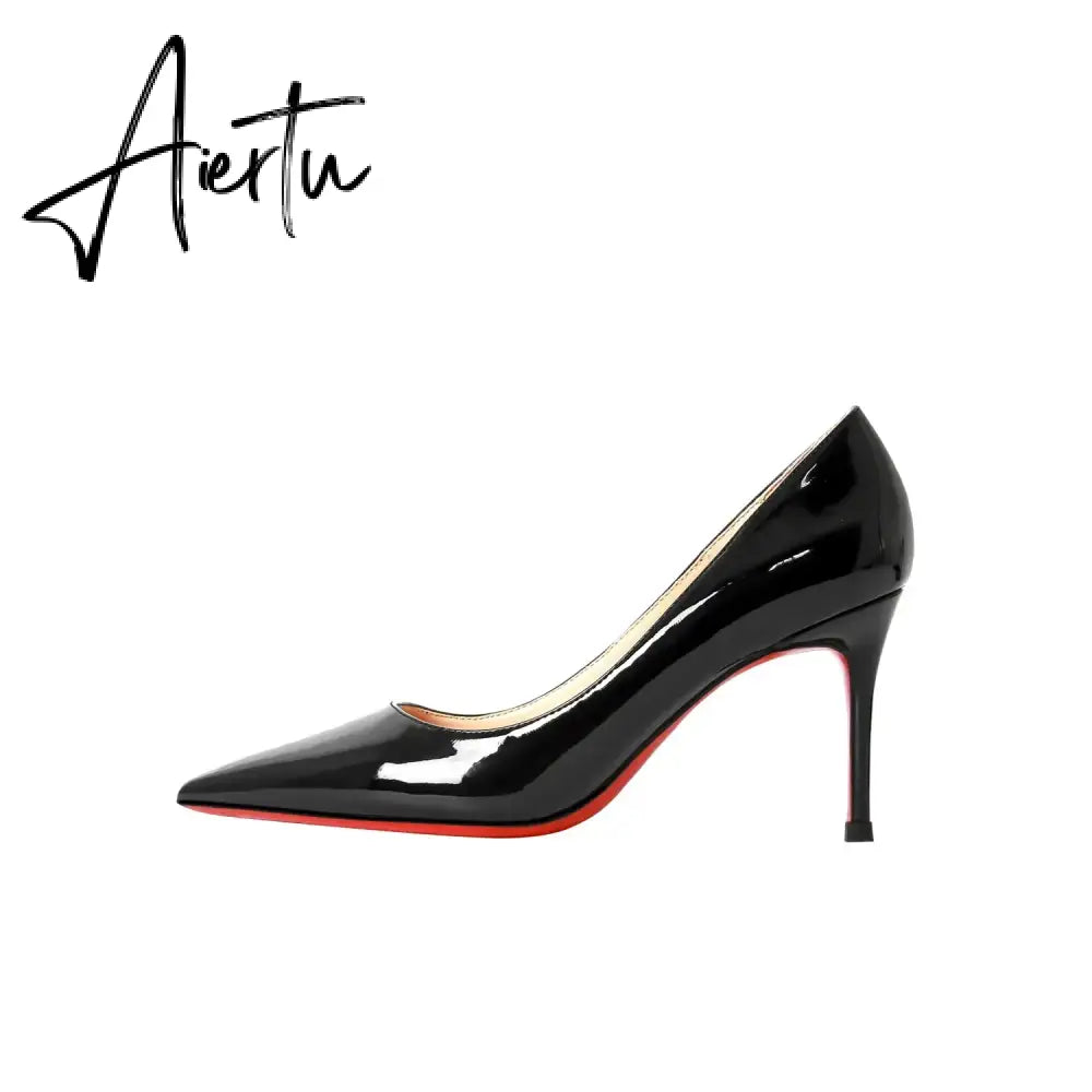 New Luxury Brand Pumps Women Shoes Red Shiny Bottom Pointed Toe Black High Heel Shoes Thin Heel 12cm Sexy Wedding Shoes 44 Aiertu