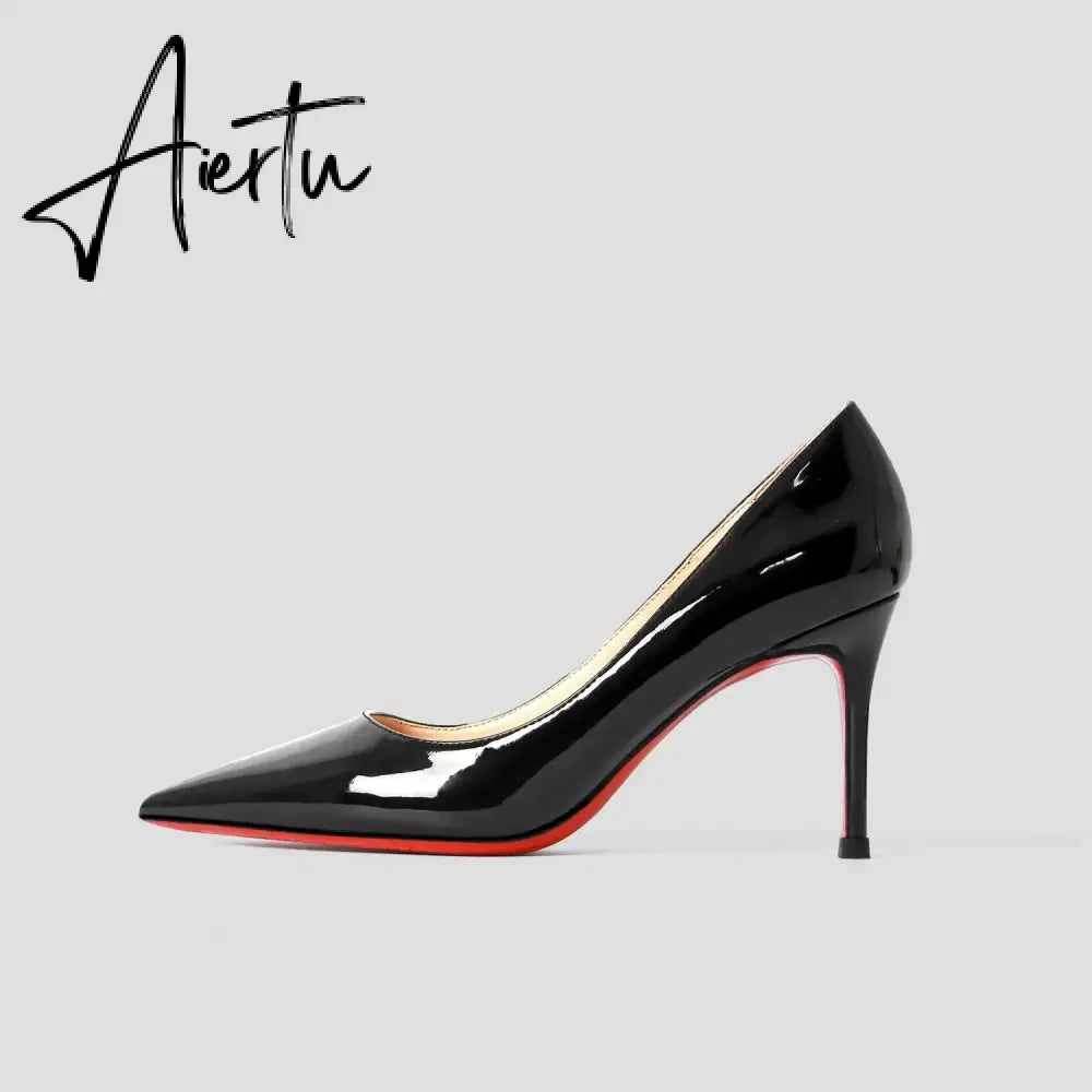 New Luxury Brand Pumps Women Shoes Red Shiny Bottom Pointed Toe Black High Heel Shoes Thin Heel 12cm Sexy Wedding Shoes 44 Aiertu
