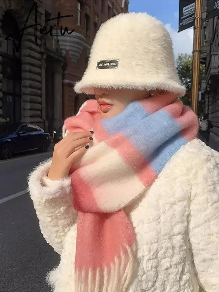 New Plush Scarf Women's Autumn and Winter Imitation Cashmere Long Scarf for Warm and Thickened Mohair Scarf Tourism Shawl Aiertu