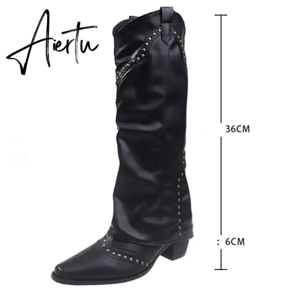 New Pointed Toe Chunky Heel Low Heel Knee Length Ladies Western Boots Folding Boots Rivet Decoration Retro Classic Women's Shoes Aiertu