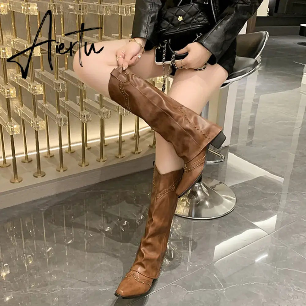 New Pointed Toe Chunky Heel Low Heel Knee Length Ladies Western Boots Folding Boots Rivet Decoration Retro Classic Women's Shoes Aiertu