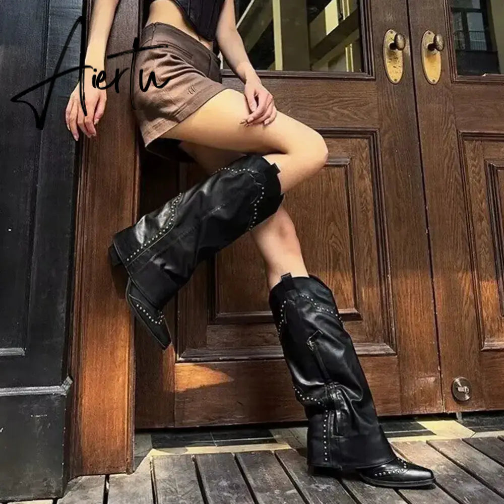 New Pointed Toe Chunky Heel Low Heel Knee Length Ladies Western Boots Folding Boots Rivet Decoration Retro Classic Women's Shoes Aiertu