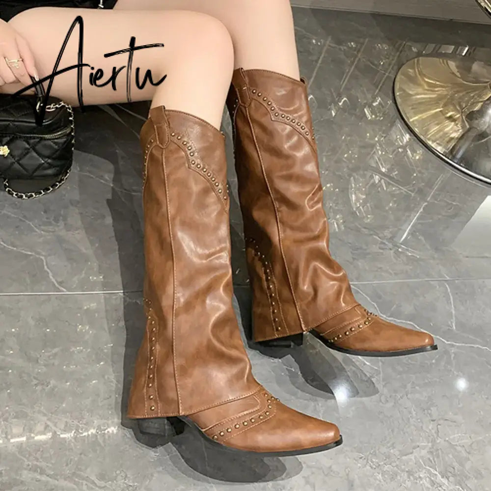 New Pointed Toe Chunky Heel Low Heel Knee Length Ladies Western Boots Folding Boots Rivet Decoration Retro Classic Women's Shoes Aiertu