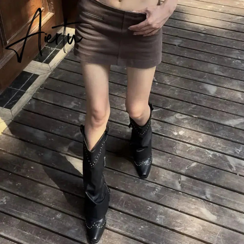 New Pointed Toe Chunky Heel Low Heel Knee Length Ladies Western Boots Folding Boots Rivet Decoration Retro Classic Women's Shoes Aiertu