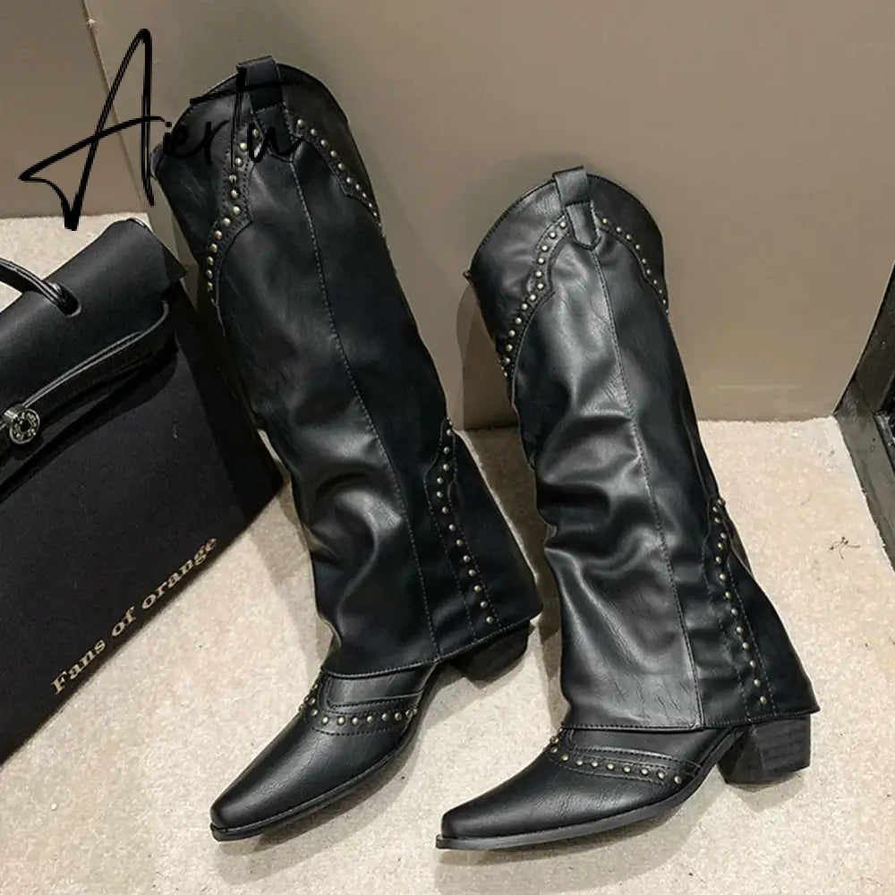 New Pointed Toe Chunky Heel Low Heel Knee Length Ladies Western Boots Folding Boots Rivet Decoration Retro Classic Women's Shoes Aiertu