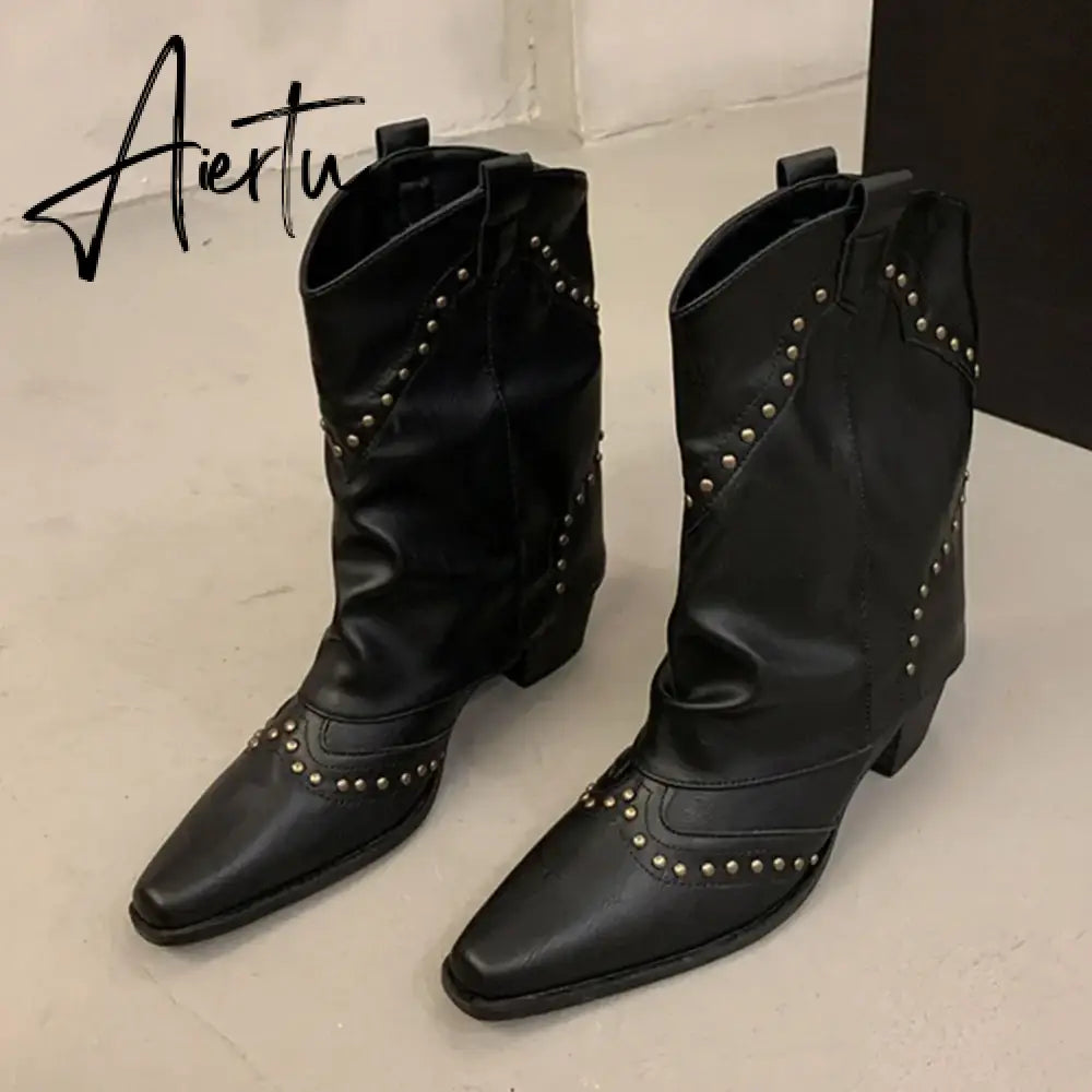 New Pointed Toe Chunky Heel Low Heel Knee Length Ladies Western Boots Folding Boots Rivet Decoration Retro Classic Women's Shoes Aiertu