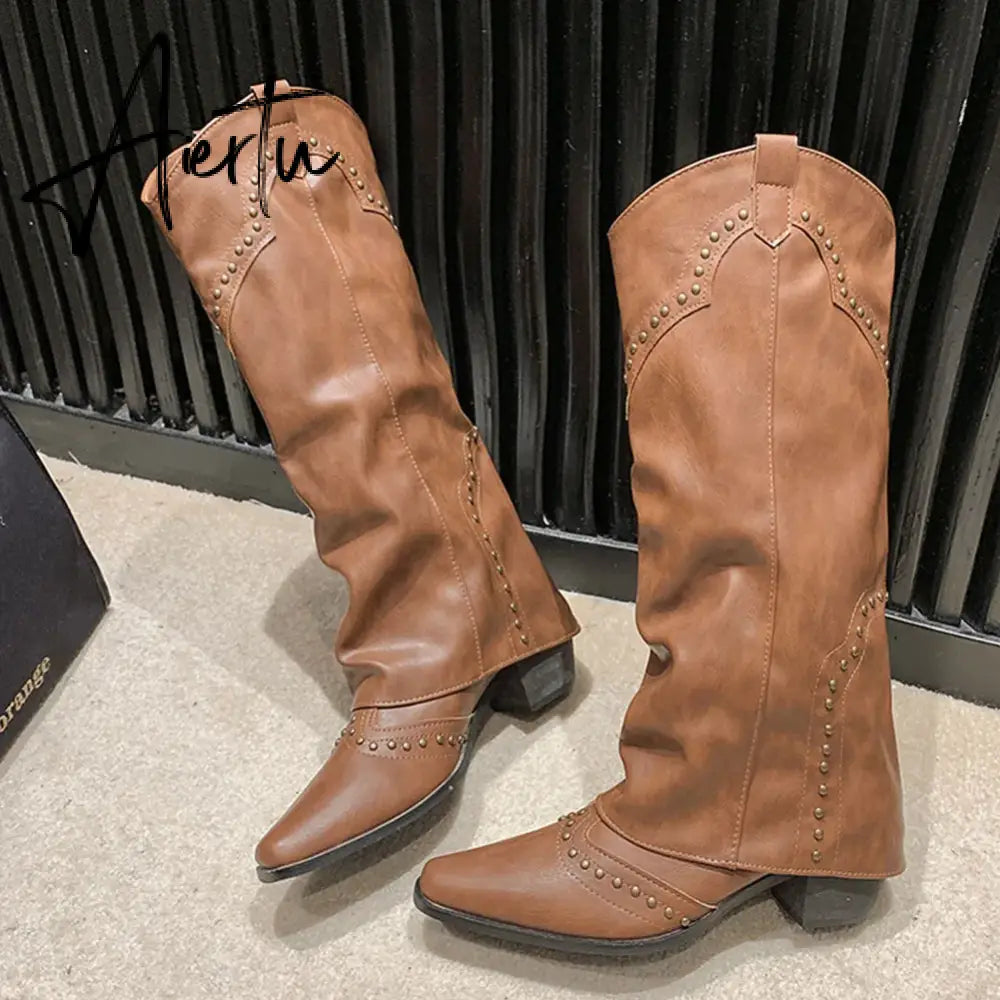 New Pointed Toe Chunky Heel Low Heel Knee Length Ladies Western Boots Folding Boots Rivet Decoration Retro Classic Women's Shoes Aiertu