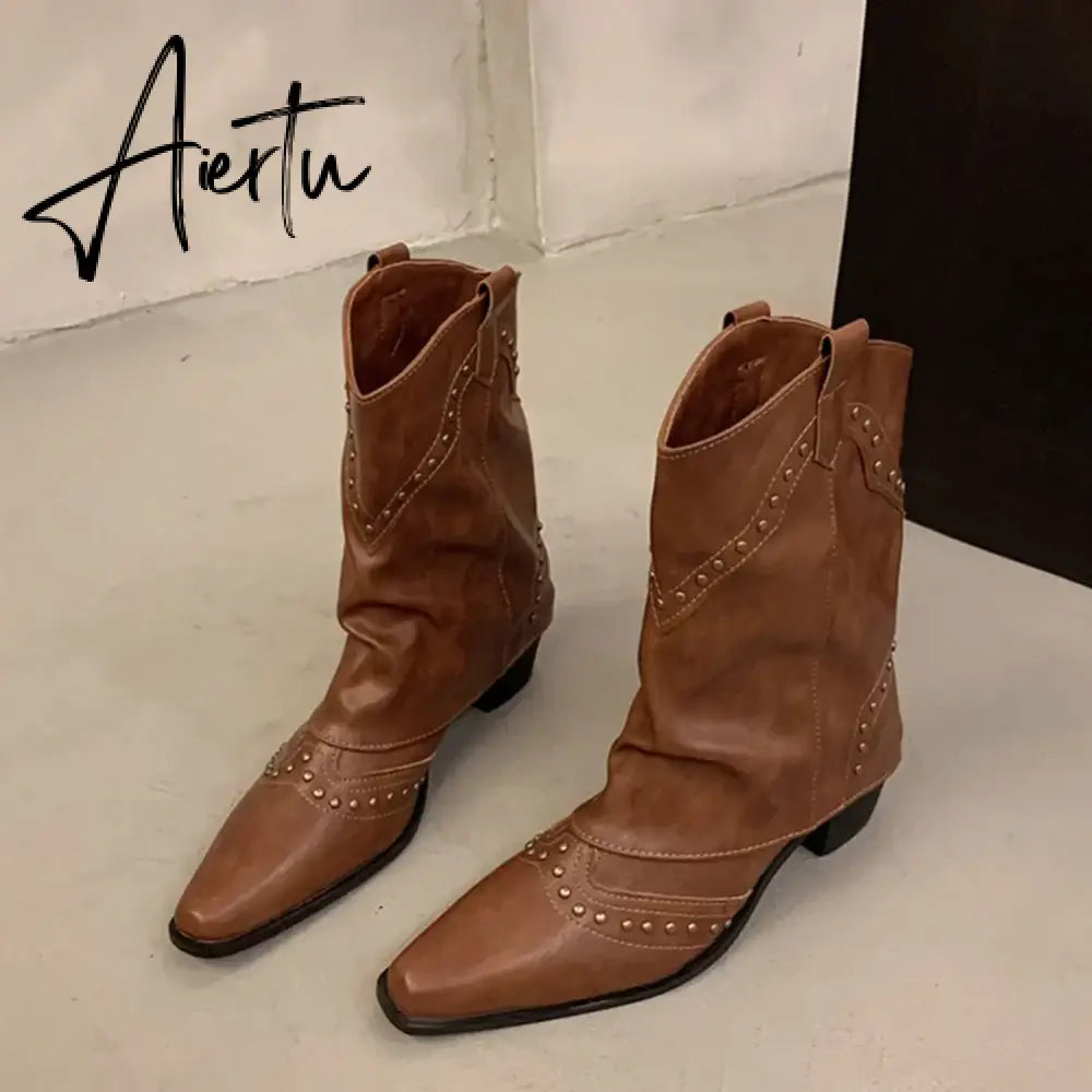 New Pointed Toe Chunky Heel Low Heel Knee Length Ladies Western Boots Folding Boots Rivet Decoration Retro Classic Women's Shoes Aiertu