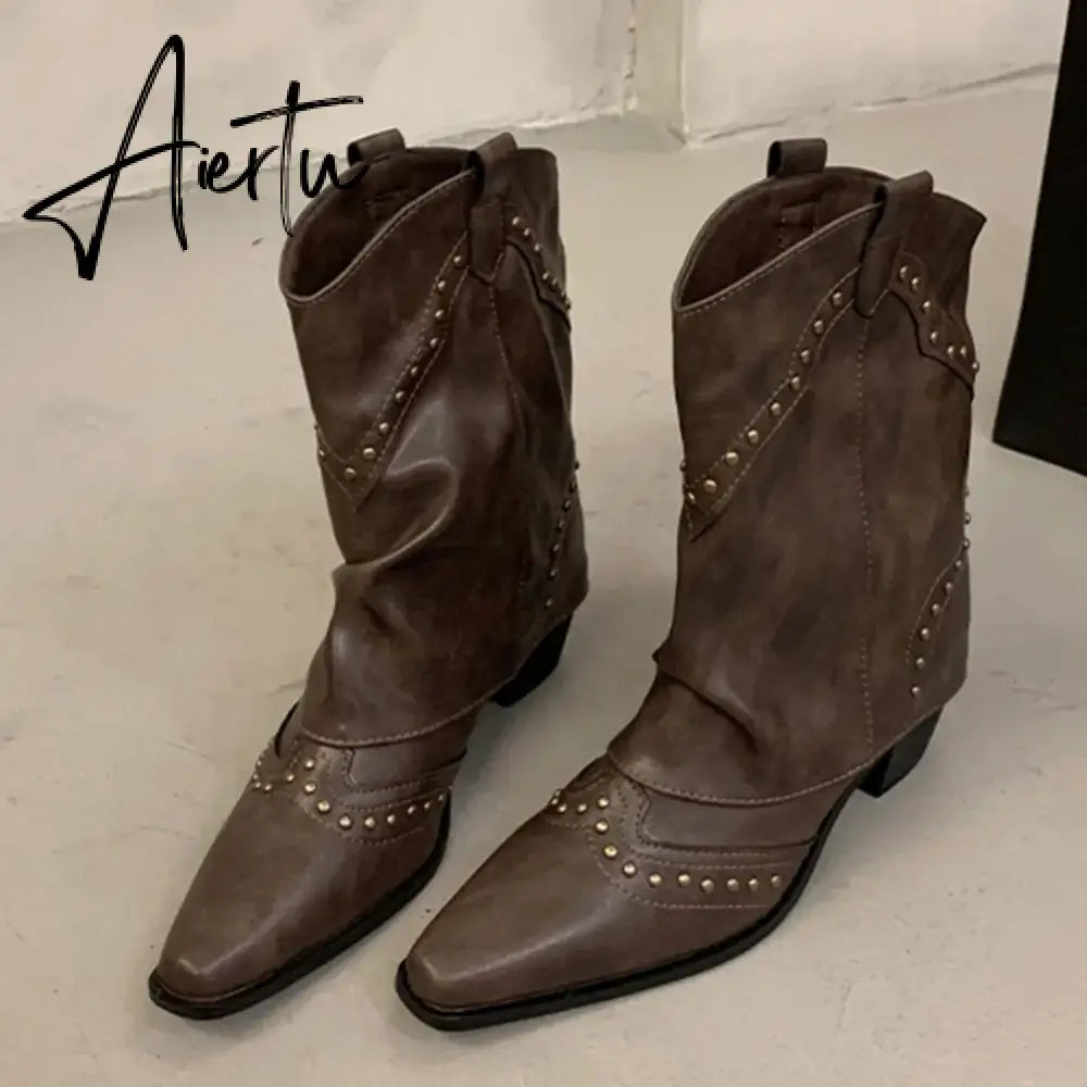 New Pointed Toe Chunky Heel Low Heel Knee Length Ladies Western Boots Folding Boots Rivet Decoration Retro Classic Women's Shoes Aiertu