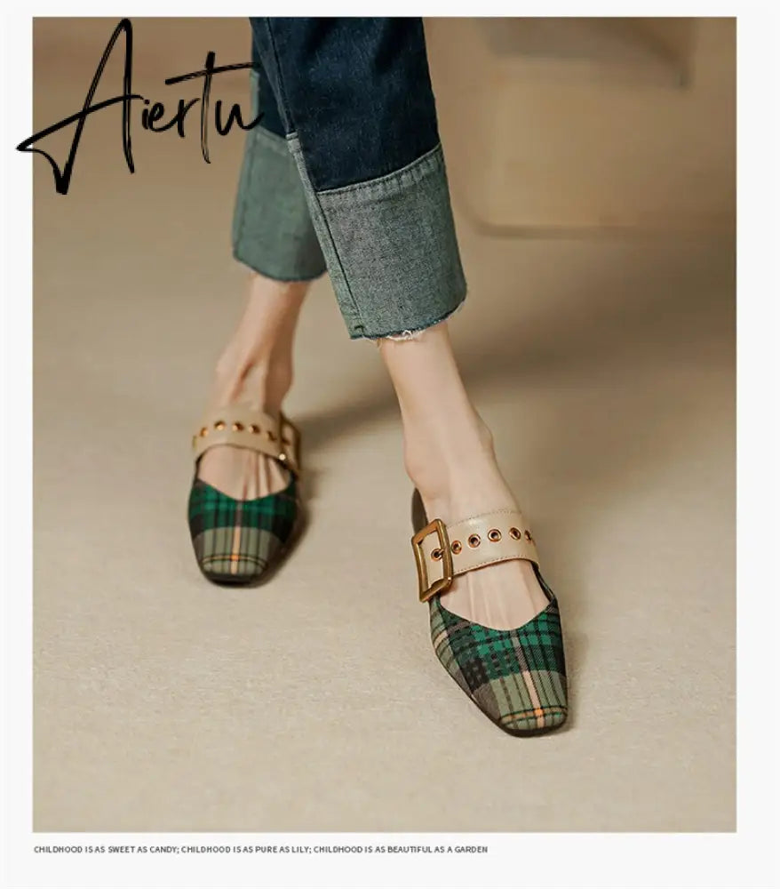 Aiertu New Popular Plaid Comfortable Mary Janes Shoes Fashion Square Toe Buckle Strap Ladies Shoes Spring/Autumn Pumps Women Shoes Aiertu