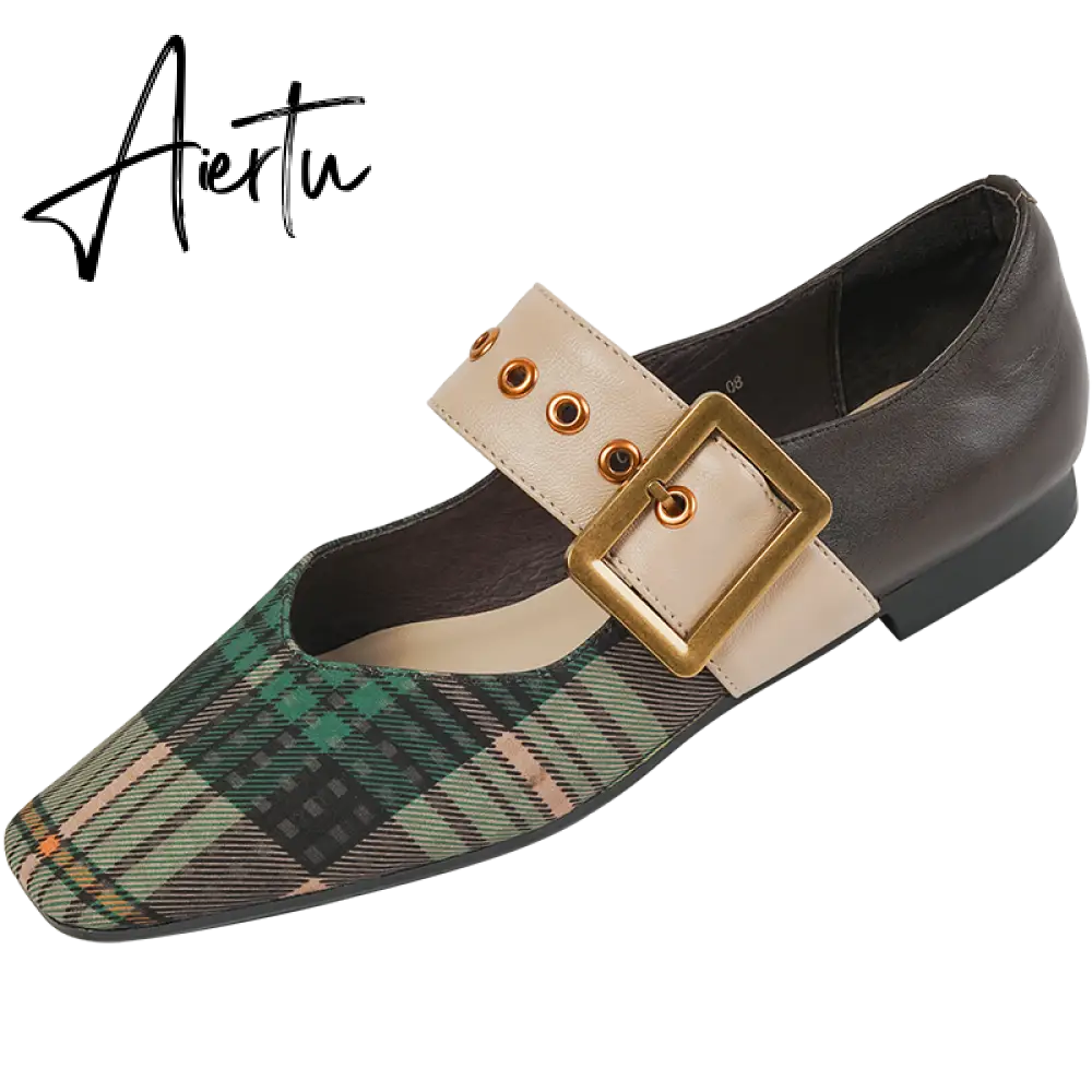 Aiertu New Popular Plaid Comfortable Mary Janes Shoes Fashion Square Toe Buckle Strap Ladies Shoes Spring/Autumn Pumps Women Shoes Aiertu
