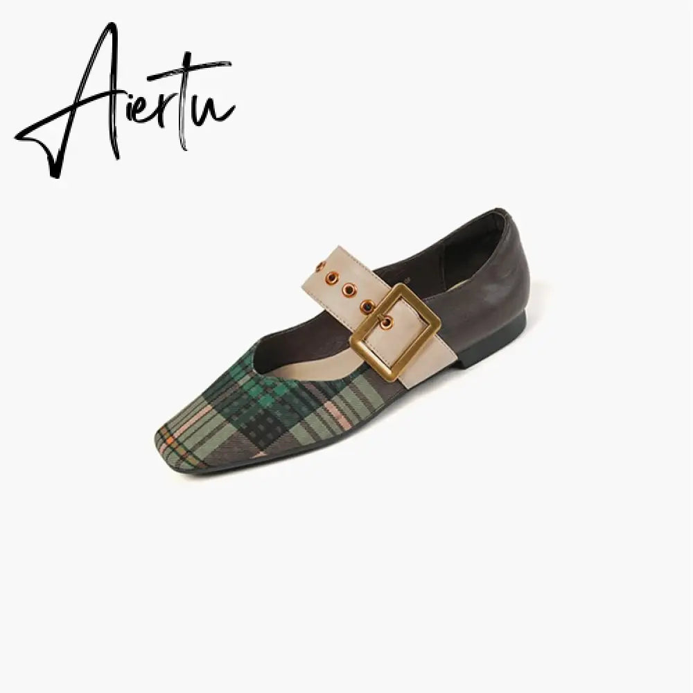 Aiertu New Popular Plaid Comfortable Mary Janes Shoes Fashion Square Toe Buckle Strap Ladies Shoes Spring/Autumn Pumps Women Shoes Aiertu