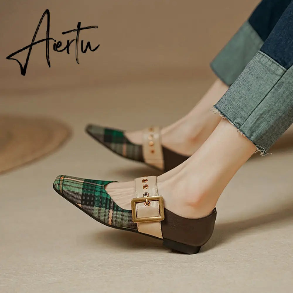 Aiertu New Popular Plaid Comfortable Mary Janes Shoes Fashion Square Toe Buckle Strap Ladies Shoes Spring/Autumn Pumps Women Shoes Aiertu