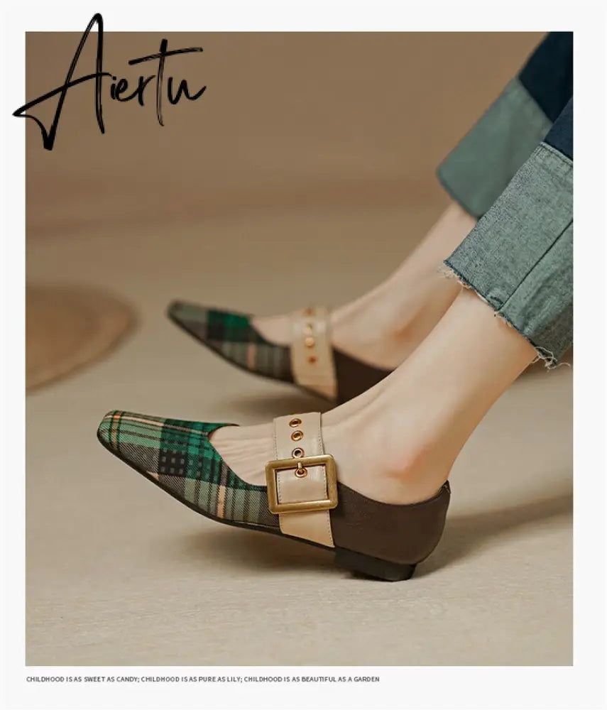 Aiertu New Popular Plaid Comfortable Mary Janes Shoes Fashion Square Toe Buckle Strap Ladies Shoes Spring/Autumn Pumps Women Shoes Aiertu