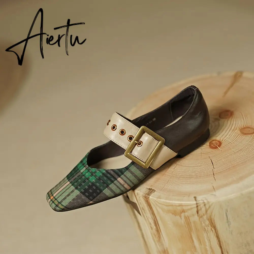 Aiertu New Popular Plaid Comfortable Mary Janes Shoes Fashion Square Toe Buckle Strap Ladies Shoes Spring/Autumn Pumps Women Shoes Aiertu