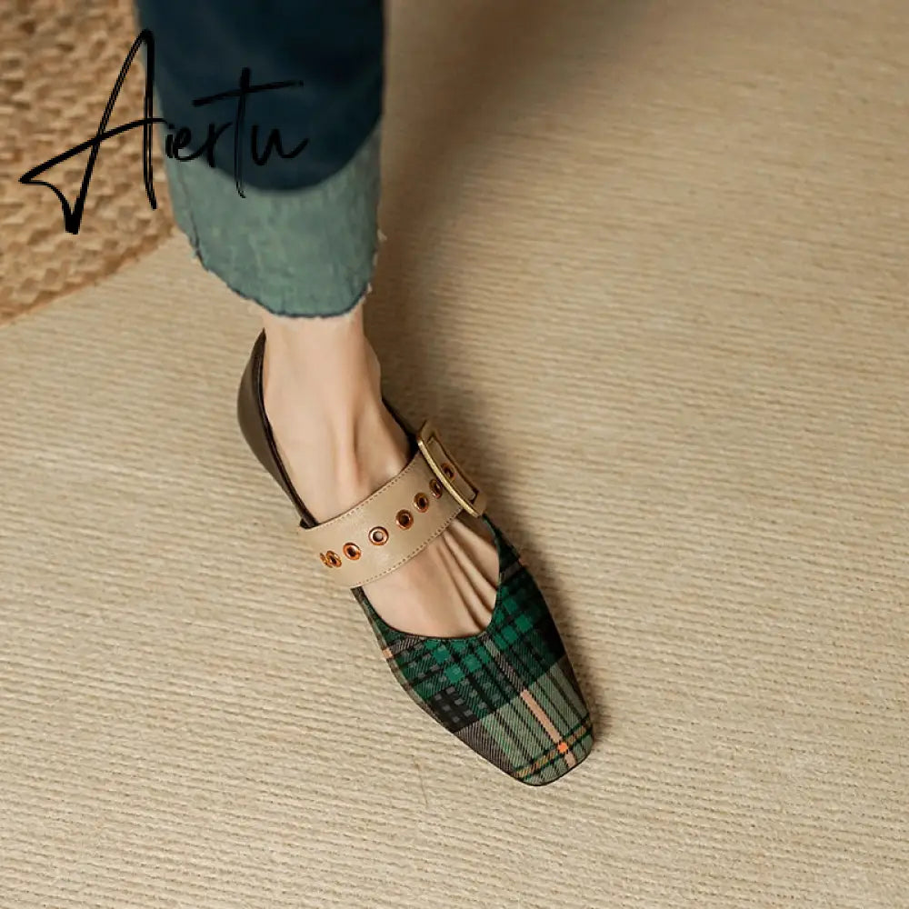 Aiertu New Popular Plaid Comfortable Mary Janes Shoes Fashion Square Toe Buckle Strap Ladies Shoes Spring/Autumn Pumps Women Shoes Aiertu