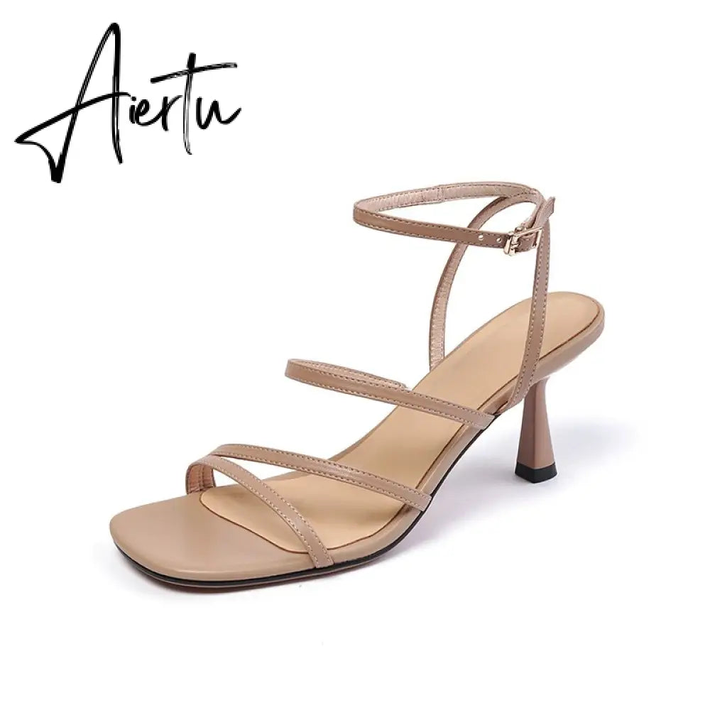 New Sandals Women Shoes Square Ankle Strap Sandals Thin High Heels Buckle Strap Narrow Band Ladies Footwear Summer Beige 40 Aiertu