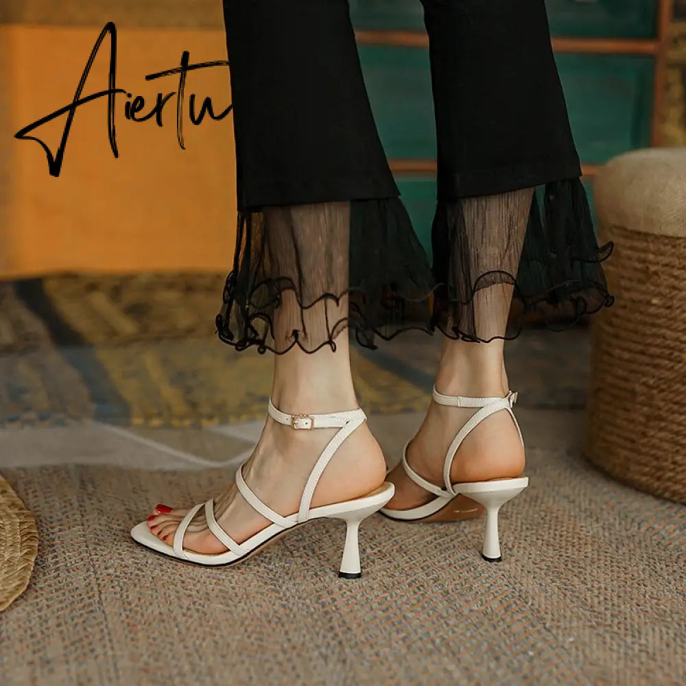 New Sandals Women Shoes Square Ankle Strap Sandals Thin High Heels Buckle Strap Narrow Band Ladies Footwear Summer Beige 40 Aiertu
