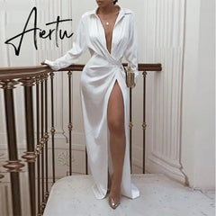 New Satin Silk Sexy Long Sleeve Party Dresses Women Night Club Soft Dress Autumn Dress V-Neck Solid Split Turn Down Collor Aiertu