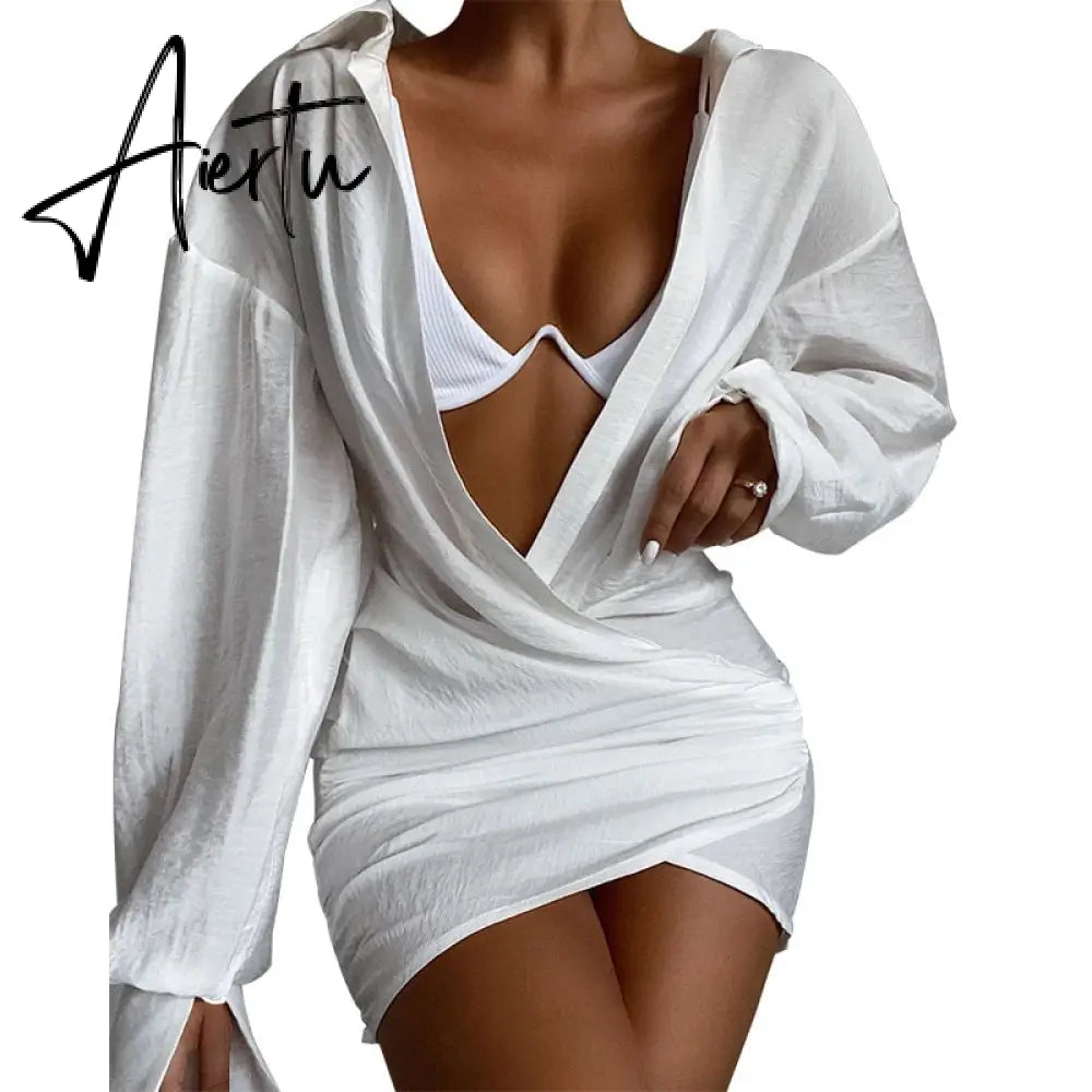 New Satin Silk Sexy Long Sleeve Party Dresses Women Night Club Soft Dress Autumn Dress V-Neck Solid Split Turn Down Collor M0010 Aiertu