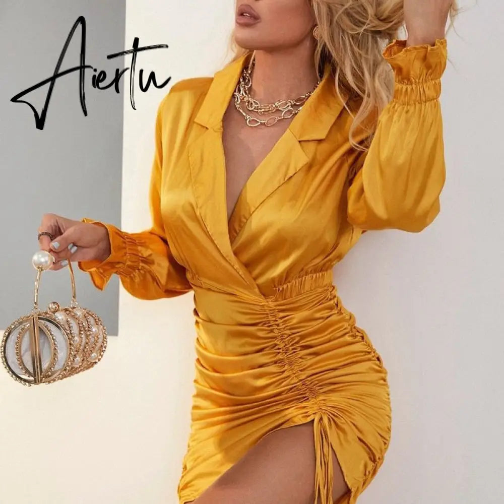 New Satin Silk Sexy Long Sleeve Party Dresses Women Night Club Soft Dress Autumn Dress V-Neck Solid Split Turn Down Collor M0010 Aiertu
