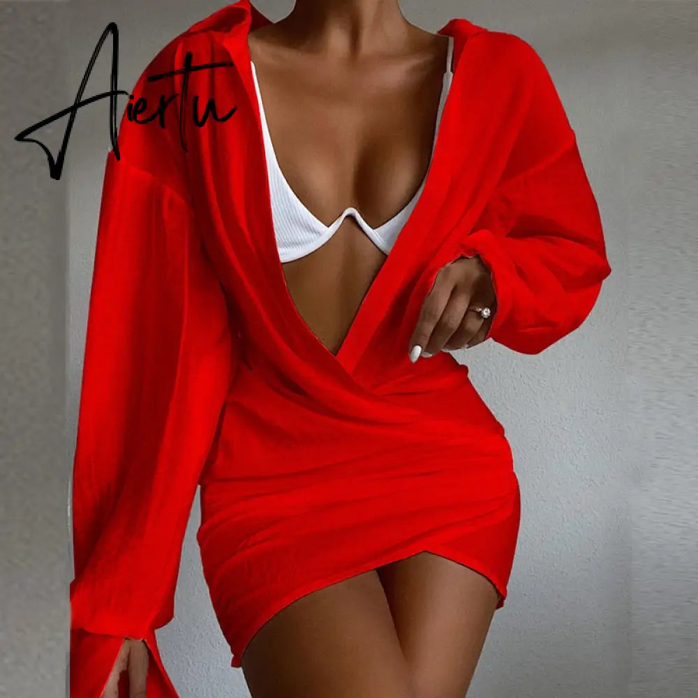 New Satin Silk Sexy Long Sleeve Party Dresses Women Night Club Soft Dress Autumn Dress V-Neck Solid Split Turn Down Collor M0010 Aiertu