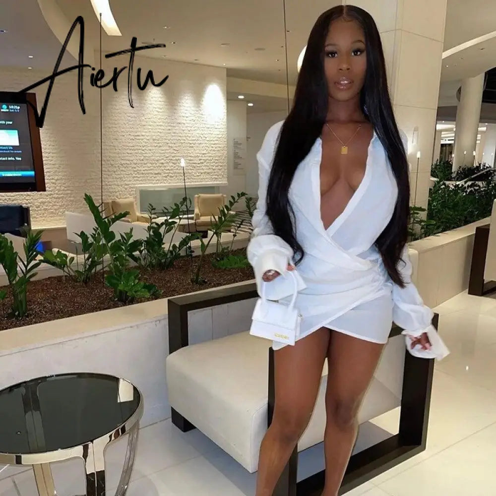 New Satin Silk Sexy Long Sleeve Party Dresses Women Night Club Soft Dress Autumn Dress V-Neck Solid Split Turn Down Collor M0010 Aiertu