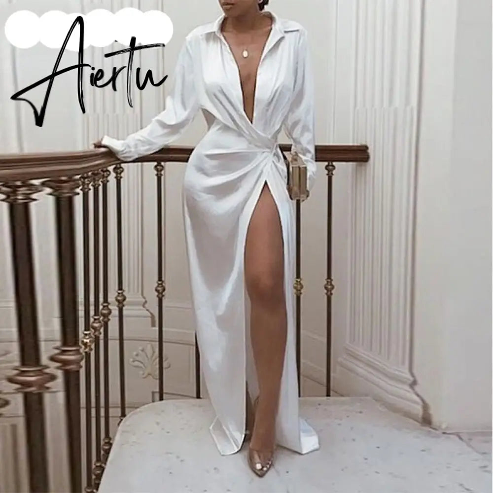 New Satin Silk Sexy Long Sleeve Party Dresses Women Night Club Soft Dress Autumn Dress V-Neck Solid Split Turn Down Collor M0010 Aiertu